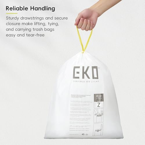 EKO 12.5 Gallon / 40-60 Liter, 110 Count Drawstring Trash Bags, Extra-Strong Garbage Bags, Unscented, Leak-Resistant, Easy-Dispense Roll for Kitchen & Household Use, Code Z, White - Image 4