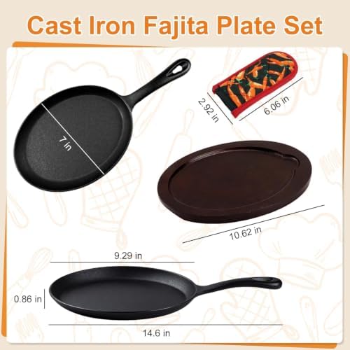 DVK Cast Iron Fajita Plate Set Pre-Seasoned Fajita Skillet with Wooden Base Anti Scald Mitt Sizzling Plate for Grill Stove Oven Home BBQ Restaurant Catering - Image 4