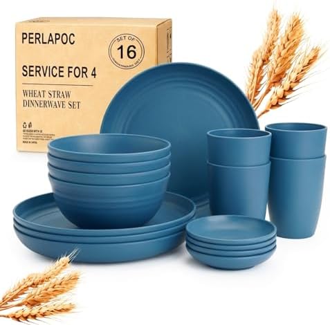 16 PCS Wheat Straw Plates and Bowls Sets,Kids Dishes Dinnerware Sets for 4,Unbreakable Kitchen Plates and Bowls Set for Travel Dishwasher & Microwave Safe Lightweight Dishes Set - DeepBlue by Perlapoc