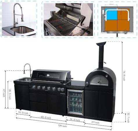 109" Outdoor Kitchen Island Gas Grill with Pizza Oven & Sink - Image 3