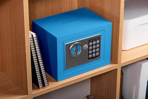 Small Safe Box With Digital Keypad & Keys - 9.05 x 6.7 x 6.7 Inches Wall Safe 0.23 Cuft Mini Security Lock for Money, Cash, Coin, Jewelry - Home Office Hotel Rooms Business (Blue2) - Image 3