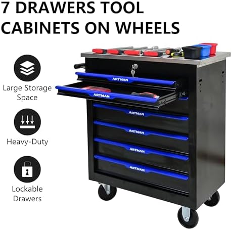 7-Drawer Heavy-Duty Rolling Steel Tool Cart with Handle&Wheels, Metal Storage Organizer Cabinet, Tool Chest for Efficient Tool Storage in Garage, Warehouse, Workshop, Repair Shop, Blue - Image 6