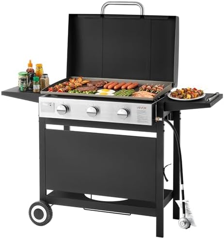 VEVOR Gas Griddle, 3-Burner Flat Top Grill, Propane Griddle with Wheels, Lid, 33000 BTU Outdoor Flat Top Grills for Pan-Frying, Grilling, Stir-Frying, & BBQ, Pulse Ignition, Removable Top Design by VEVOR