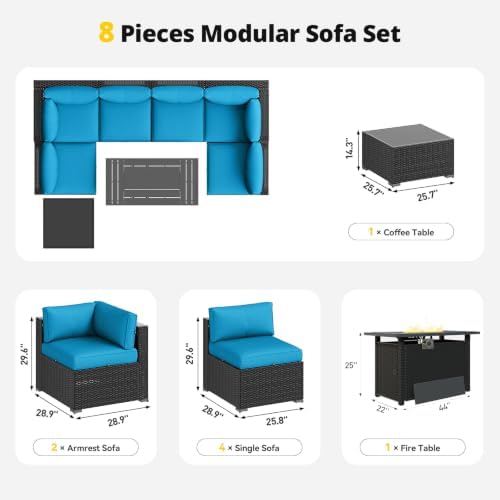 Aoxun Patio Furniture Set with Fire Pit Table, 8 Piece Outdoor Sectional Sofas, Wicker Rattan Outdoor Furniture with Thickened Cushion for Backyard, Garden Peacock Blue - Image 7