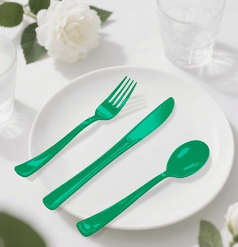 HEIPINIUYE 75 Pack Green Plastic Cutlery Heavy Duty Green Plastic Knives Forks and Spoons Disposable Silverware Set for 25 Guest Camping Birthday Baby Shower Party Cutlery Set - Image 7