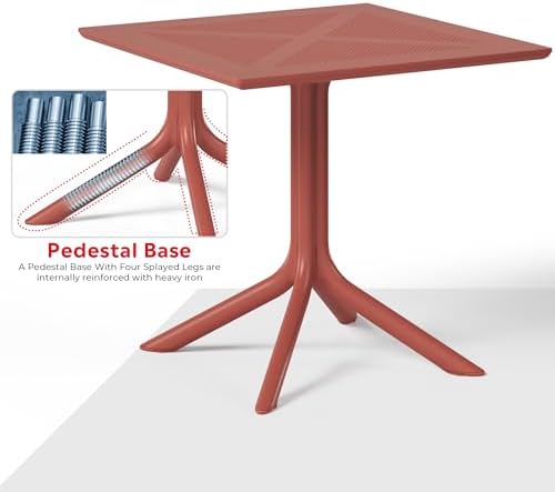 Costaelm Patio Dining Table for 4, Square PP Patio Table, 4-Person Weather Resistant Porch Tables for Outside Poolside Deck Lawn Garden Backyard, Red - Image 5