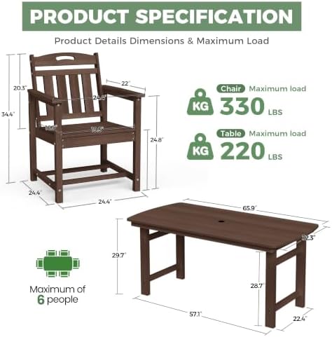 HDPE Outdoor Dining Set, Patio Table and 4 Chairs, 2" Umbrella Hole, Brown - Image 2