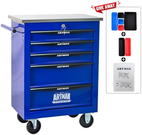 5-Drawer Heavy-Duty Rolling Tool Chest with Wheels & Steel Roof, Lockable Tool Chest Storage Cabinet for Garage, Workshop, Warehouse, and Repair Shop - Image 7