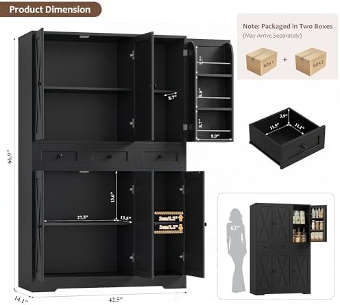 HOSTACK 67"H Farmhouse Kitchen Pantry Storage Cabinet with 3 Drawers, Black - Image 3