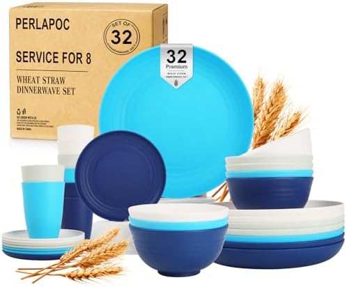 Wheat Straw Dinnerware Sets of 32, Unbreakable Plates and Bowls Sets Service for 8, Dinner Plate/Dessert Plate/Bowl/Cup, for Outdoor Camping RV Apartment Essentials - Island Color by Perlapoc
