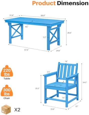 HDPE Patio Dining Set, 5-Piece Outdoor Table and Chairs with Umbrella Hole, Modern Outdoor Dining Set for 4, HDPE Outdoor Patio Furniture Dining Sets for Deck, Poolside, Porch, Sky Blue - Image 3