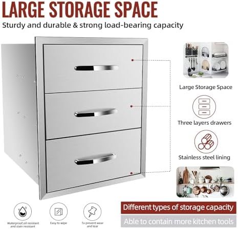 Outdoor Kitchen BBQ Drawers 18" W x 23" H x 23" D Stainless Steel Built-in with Handle Weatherproof Storage for Outdoor Grill Station Accessories - Image 4