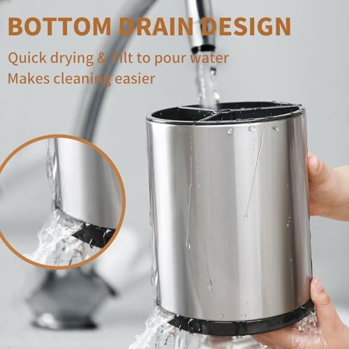 Nigelia Extra Large Kitchen Utensil Holder, 360° Rotating Stainless Steel Cooking Utensil Holder for Countertop, 3 Compartment Flatware Organizer & Cooking Caddy with Removable Base（Silvery） - Image 5