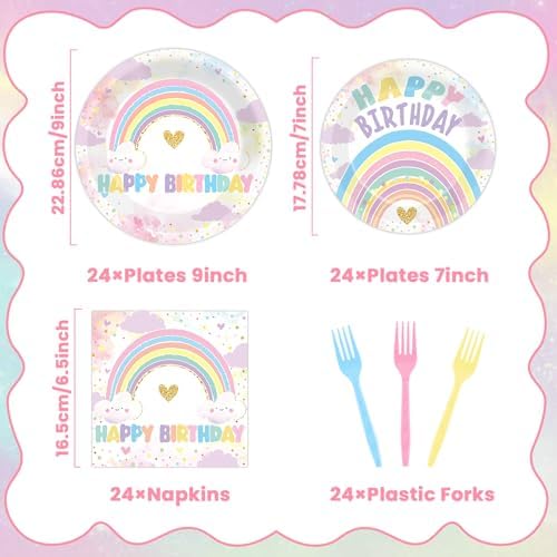 96PCS Boho Pastel Rainbow Party Paper Plates and Napkins for Rainbow Cloud Theme Party Dessert Cake Plates Disposable Decor Girls Happy Birthday Set for Kids Birthday Gatherings Decorations - Image 2