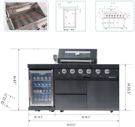 65-Inch 4-Burner 72000 BTU Stainless Steel Outdoor Kitchen Island Propane Gas Grill + Wine Cooler Refrigerator + Rotisserie Kit + Granite Countertops - For Large Backyard Gatherings, Black - Image 3