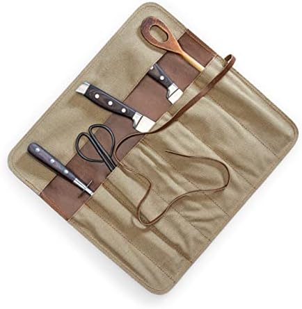 Angus Stoke Knife Bag made of durable Canvas & genuine buffalo Leather - Chef's Knife Roll Case for Cooking, Camping & BBQ - Knives storage Neil (Beige) by AngusStoke