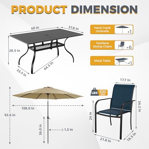 Incbruce 7 Pcs Patio Dining Set, Textilene Chairs and Rectangle Table with Brown Umbrella (Blue) - Image 5