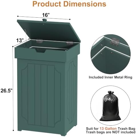 Function Home 13 Gallon Trash Can, Wood Kitchen Garbage Can, Dog Proof Waste Bin with Lid and Liner Ring for Kitchen Dining Living Room, Farmhouse Laundry Hamper Cabinet for Bathroom, Green - Image 2