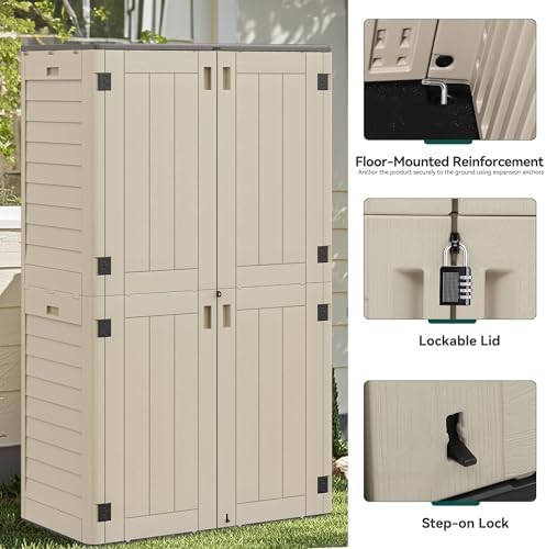 YITAHOME 60 cuft Vertical Outdoor Storage Shed with Shelf, Large Waterproof Storage Cabinet for Garden Shed, Tall Outdoor Storage Shed for Garage, Pool Storage, Resin, Lockable, Khaki & Brown - Image 5