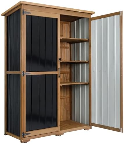 46" L Large Outdoor Storage Cabinet with Shelves, Wood & Metal Storage Shed Weather-Resistant, Outside Storage Cabinet for Garage Patio Backyard Garden with Waterproof Roof - Image 2