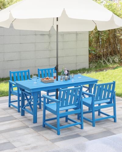 HDPE Patio Dining Set, 5-Piece Outdoor Table and Chairs with Umbrella Hole, Modern Outdoor Dining Set for 4, HDPE Outdoor Patio Furniture Dining Sets for Deck, Poolside, Porch, Sky Blue - Image 2