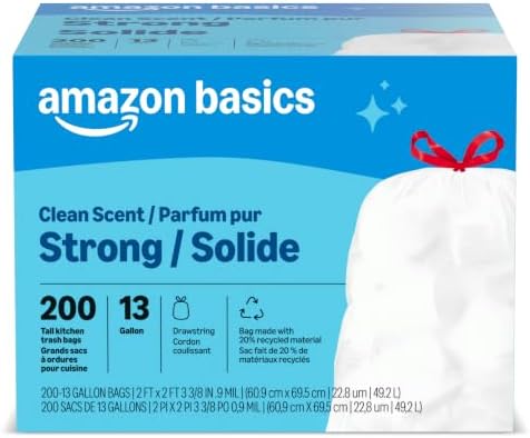 Amazon Basics Scented Trash Bags, Tall Kitchen Drawstring, Clean Scent, 13 Gallon, 200 Count, Pack of 1, Packaging May Vary by AmazonBasics