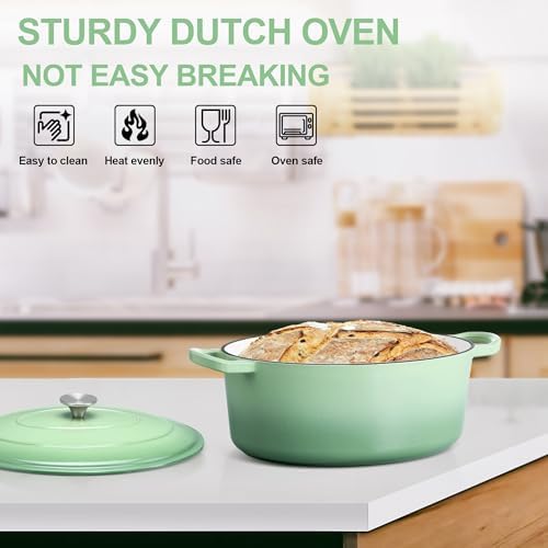 E-far 5QT Oval Dutch Oven Pot with Lid, Green Enameled Cast Iron Dutch Oven - Image 7