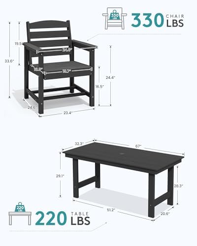 SERWALL 7 Pcs Outdoor Dining Set, 67" HDPE Dining Set for 6, Black - Image 4