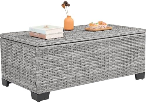 Rattaner Patio Coffee Table Outdoor Storage Table for Patio Wicker Coffee Table Outdoor Table with Patio Storage Box Furniture Cover, Stone Grey by Rattaner