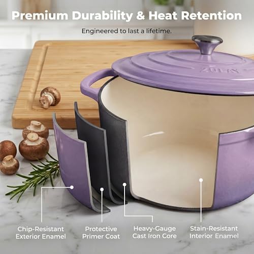 Zulay Kitchen 6.4QT Enameled Cast Iron Dutch Oven Pot with Lid, Heavy-Duty Soup Pot for Stews, Braising, Roasting & Sourdough Bread Baking, Oven Safe up to 500°F - Lavender Jade - Image 5