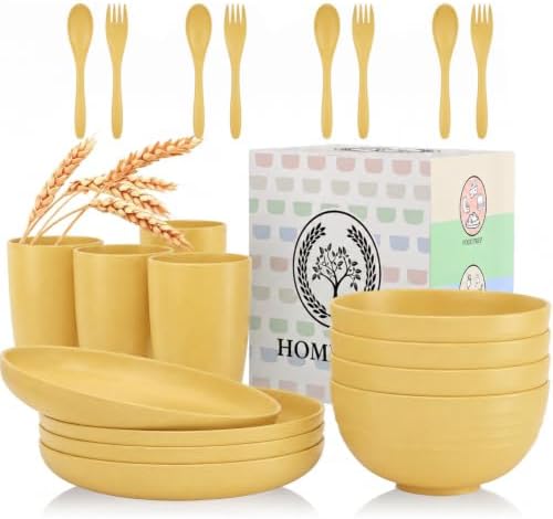 Wheat Straw Dinnerware Sets, Homienly 20pcs Unbreakable Microwave Dishwasher Safe Tableware Lightweight Bowls, Cups, Plates Set Reusable Dinner Plates Bowls set (Yellow) by HOMIENLY