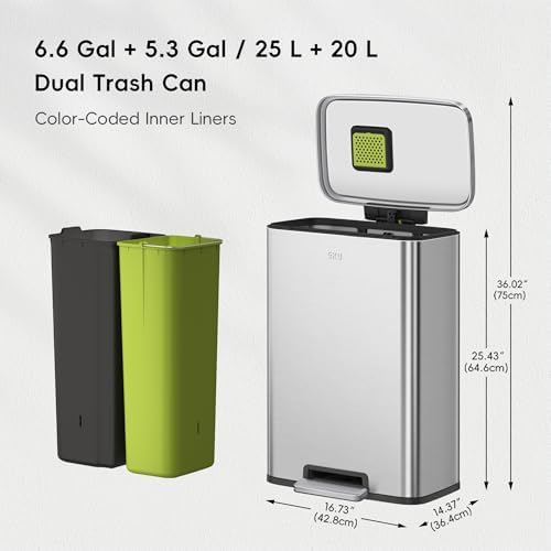 EKO Madison Brushed Stainless 25L+20L Dual Compartment Step Trash Can with Inner Liner, Recycling Bin, Soft-Close Lid, Fingerprint-Resistant Finish, and Durable Stainless Steel for Home and Office - Image 2