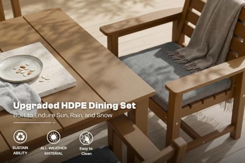 Perli™ 5-Piece Outdoor Dining Set, All-Weather HDPE Patio Furniture with 4 Armrest Chairs and Rectangular Table, UV-Resistant 4-Person Set for Deck, Backyard, Brown - Image 3