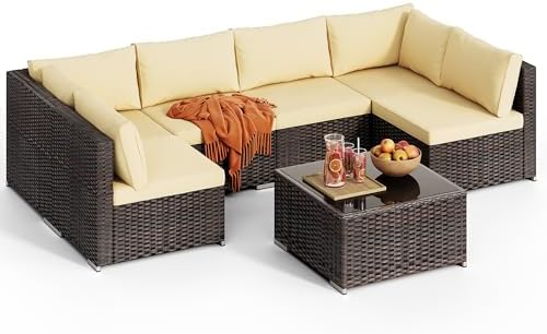 Qsun Patio Furniture Sets 7 Pieces Outdoor Sectional Rattan Sofa Manual Weaving Wicker Patio Conversation Set with Glass Table and Cushion (Beige) - Image 5