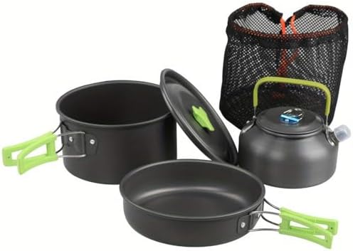 Portable Camping Cookware Set- Lightweight Aluminum Pot, Pan & Kettle with Foldable Handles for Backpacking, Hiking & Outdoor Cooking - Non-Stick, Space-Saving for 2-3 People by Pardarsey
