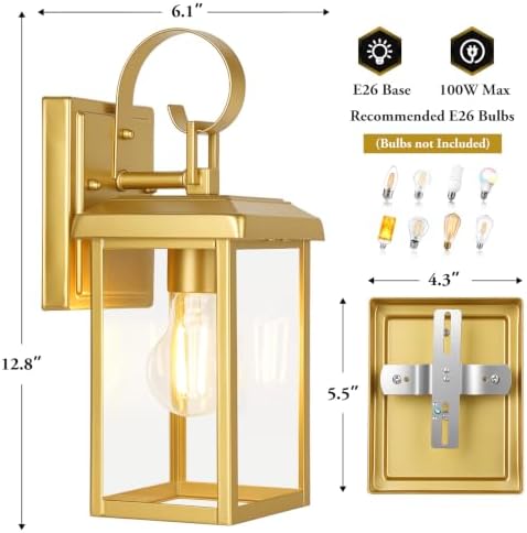BesLowe 2-Pack Outdoor Wall Light Fixtures, Modern Porch Sconces, Gold - Image 5