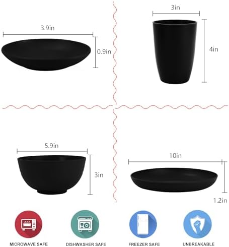 Wrova Wheat straw dinnerware set of 28 - Bowls and Plates Set for Dorm - Microwave and Dishwasher safe dish sets for kitchen,camping,indoors and out doors.Black - Image 2