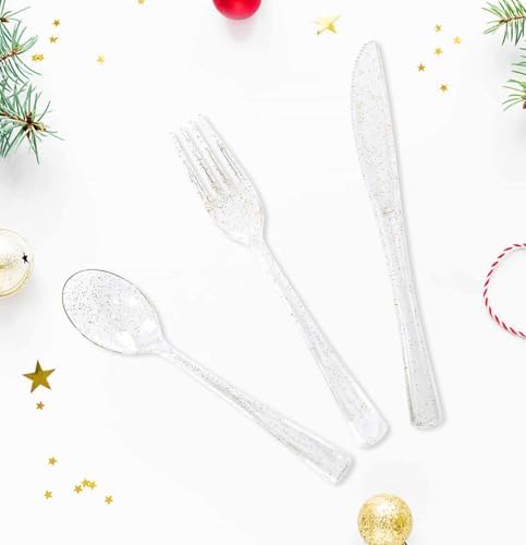 HEIPINIUYE 75 Pack Gold Glitter Plastic Cutlery Heavy Duty Clear Gold Plastic Knives Forks and Spoons Disposable Silverware Set for 25 Guest Birthday Wedding Party Disposable Utensil Set - Image 6