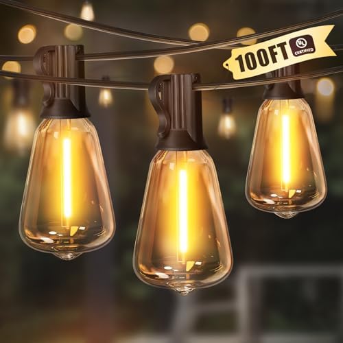 LAMPHOME LED Outdoor String Lights 100FT Patio Lights with 52 Shatterproof ST38 Vintage Edison Bulbs, Outside Hanging Light Waterproof for Porch, Deck, Garden, Backyard, Dimmable 2700K by ULL