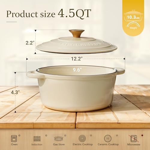 Overmont Enameled Cast Iron Dutch Oven - 4.5QT Pot with Lid Cookbook & Cotton Potholders - Heavy-Duty Cookware for Braising, Stews, Roasting, Sourdough Baking Cream White - Image 6