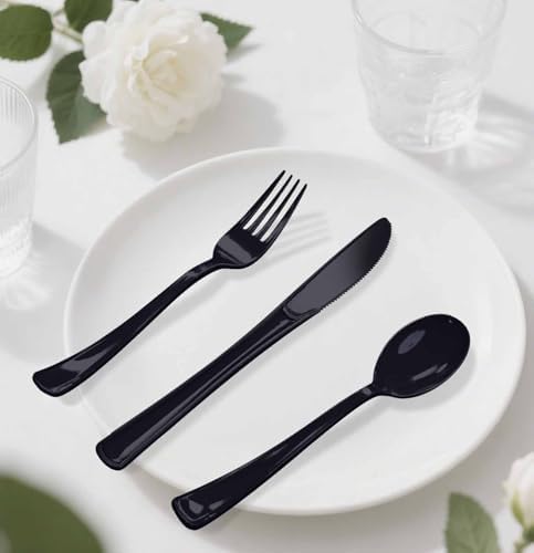 HEIPINIUYE 75 Pack Black Plastic Cutlery Heavy Duty Black Plastic Knives Forks and Spoons Disposable Silverware Set for 25 Guest Birthday Halloween Baby Shower Party Cutlery Set - Image 7