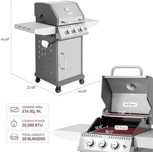 Royal Gourmet GG3001S 3-Burner Propane Gas Grill, 25,500 BTUs, Silver - Image 3