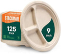 100% Compostable, 3 Compartment, Disposable Paper Plates [125-Pack] 9 Inch Heavy Duty Biodegradable Bagasse Sectional Lunch Trays + Dividers - Divided Platte Tray (PFAS Free) (BPA Certified) by StackMan