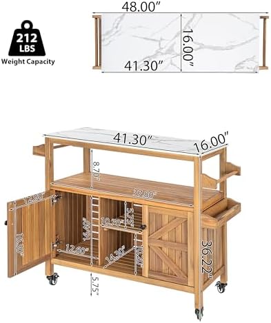 Merax Outdoor Acacia Wood Bar Cart, Natural Finish with Marble-Effect Top - Image 2