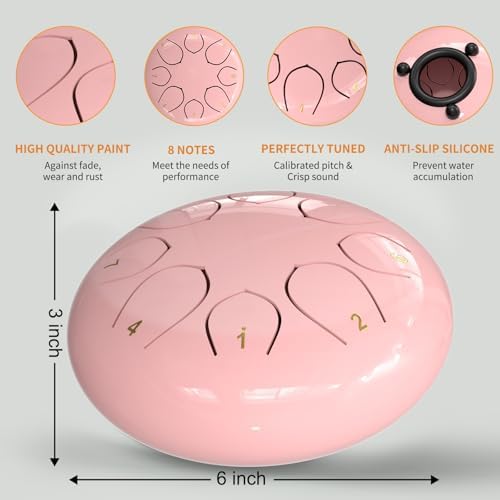 Rain Drum for Outside Garden, 6 Inches 8 Notes Steel Tongue Drums, Waterproof Meditation Echo Rain Chime, Musical Instruments for Adult Gift with Bag, Music Book, Mallets (Pink) - Image 2