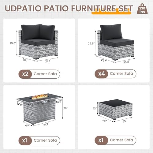 UDPATIO Patio Furniture Set with Fire Pit Table, 8 Pcs Outdoor Sectional Sofa, PE Wicker Patio Conversation Set for Garden, Backyard (Black Cushions with Grey Rattan) - Image 2