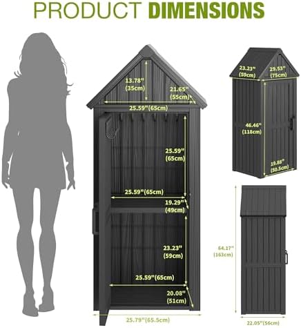 Outdoor Storage Shed, Waterproof Storage Cabinet with Sloping Roof and Lockable Door, Resin Shed with Ample Space, Multiple Hooks for Backyard Patio, Garden, Lawn, Classic Black - Image 3