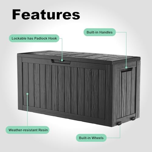 ROJIK Outdoor Storage Housing Deck Box - Waterproof Patio Furniture, Garden Tools, Cushions, Pool Accessories Storage Bench with Lockable Lid and Side Handles (Black 78 Gal) - Image 4
