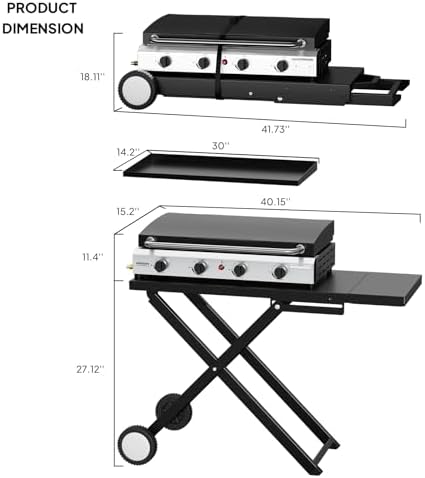 ROVSUN 4 Burner Foldable Propane Griddle with Wheels, Enameled Tray & Lid, 40000 BTU Portable Rolling Flat Top Gas Grill with Electronic Ignition & Regulator for Outdoor Cooking Camping BBQ Tailgating - Image 6