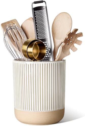 LE TAUCI Ceramic Kitchen Utensil Holder- 6.9" Large Cooking Utensil Crock & Organizer for Spatula, Spoon, Whisk - Farmhouse Countertop Storage, Cream Beige, Line by LETAUCI